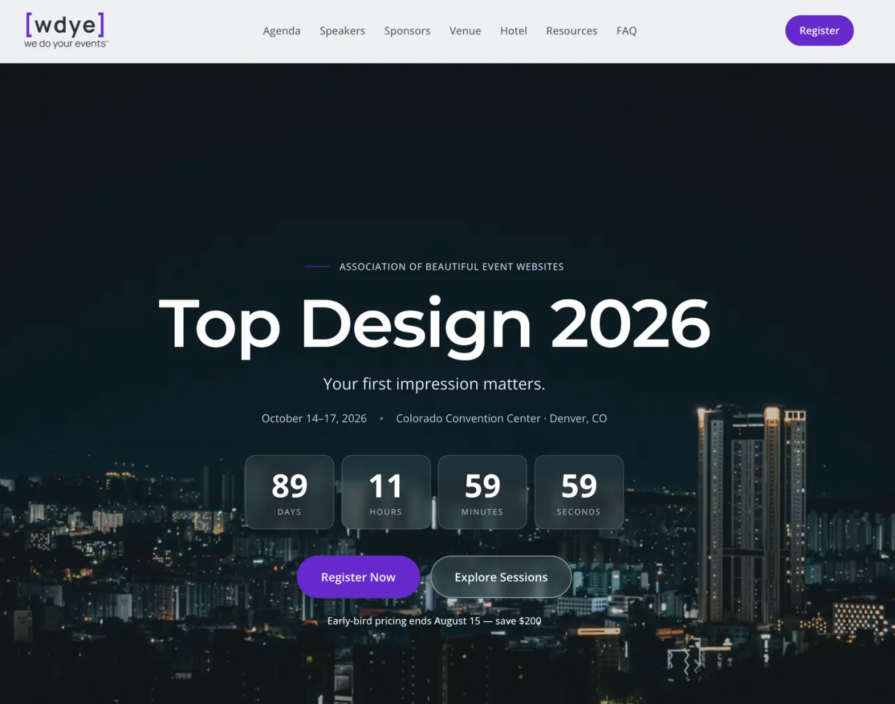 A WDYE Studio event website showing the agenda, speaker cards and sponsor logos.
