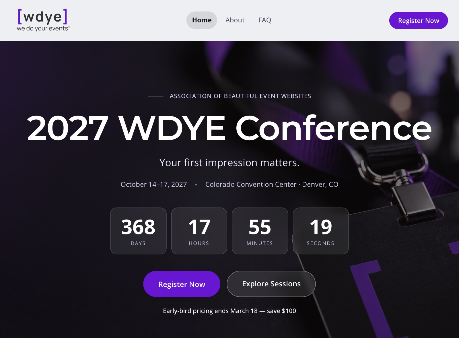 An event website built with WDYE Studio: the 2027 WDYE Conference, with countdown, Register Now and Explore Sessions