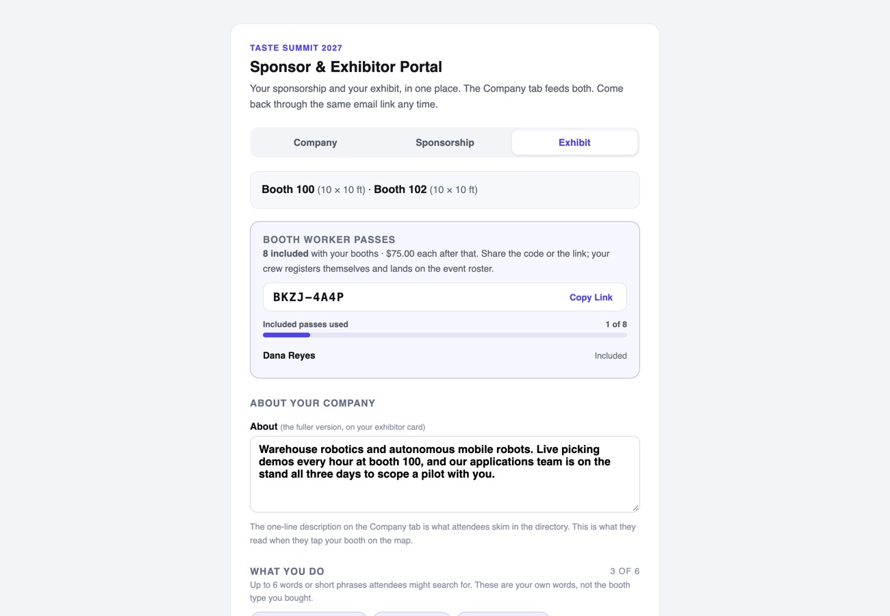 The Sponsor and Exhibitor Portal on its Exhibit tab: Company, Sponsorship and Exhibit tabs, the company's two booths, its booth worker pass code with an included-passes meter, and the listing's about text